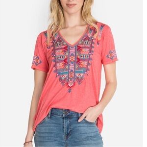 Johnny Was Laurelle Boho Festival Pink Floral Embroidered V-Neck Tee Top Small